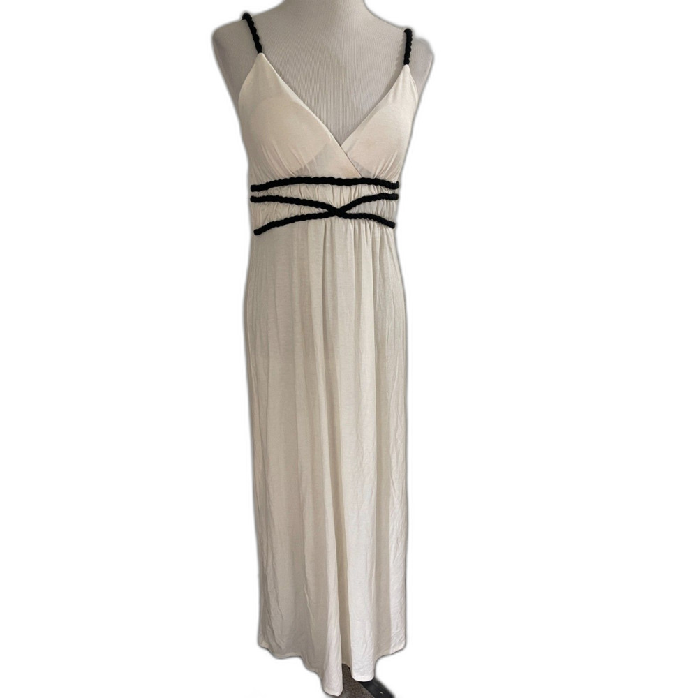 New Cleo & Kai Summer Maxi Dress Ivory Black Twisted Rope Boho Embroidery SZ: L